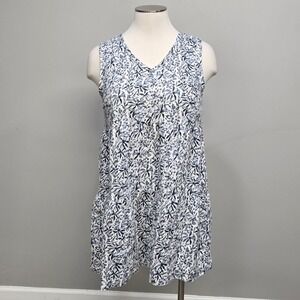 Lucky Brand‎ 100% Linen Mini Dress XL Blue Floral Tiered Shift Cottage Coastal
